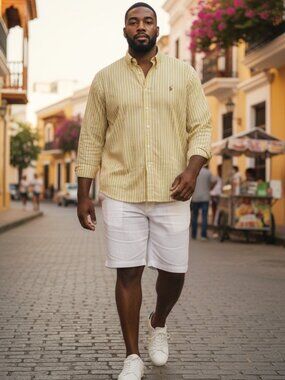 Ralph Lauren Custom Fit Yellow Navy Stripe Cotton Button Down Casual Coastal XXL